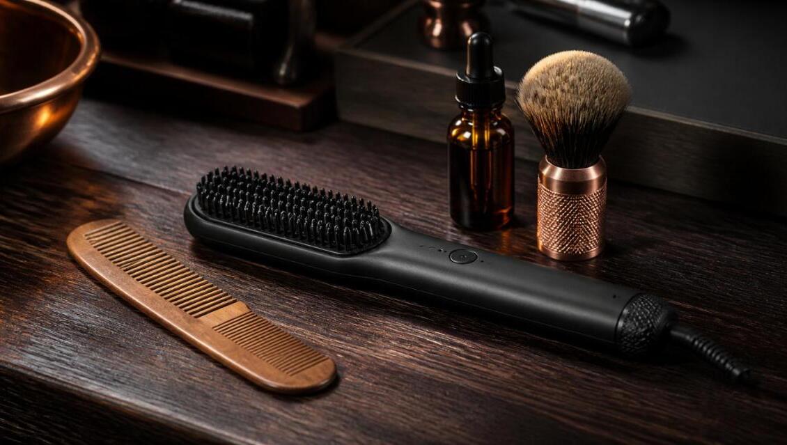 Brosse chauffante noire pour lisser la barbe, avec peigne en bois, flacon d’huile à barbe et blaireau sur un plan de travail sombre