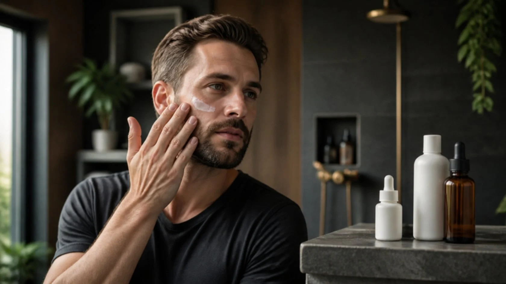 Soin visage homme : homme barbu appliquant une crème hydratante sur sa joue